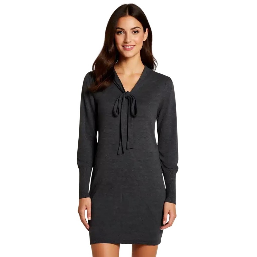 Max Studio Women Dark Gray Long‎ Sleeve Tie Neck Sweater Dress Size S